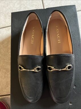 Coach Black Leather Loafers with Gold Bit Accent